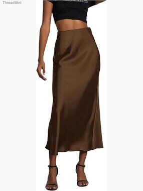 Satin Midi Skirt High Waisted Flared Business Casual Work Skirt